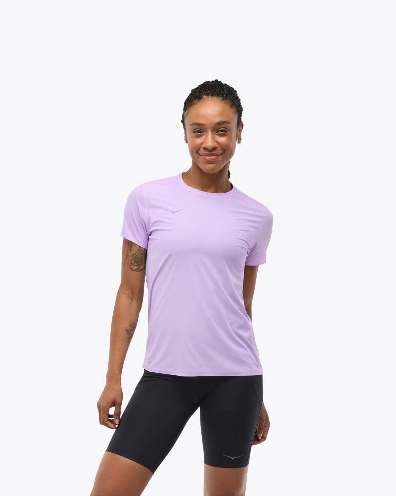 HOKA Womens Airolite Run Short Sleeve Shirt in Aster Flower, Size Small Product Image