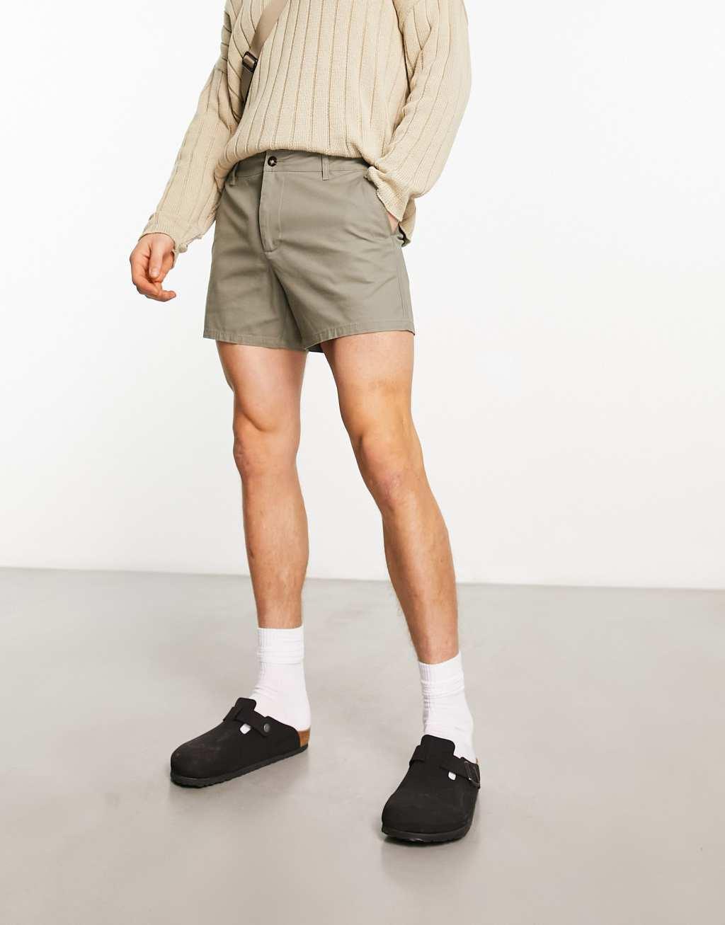 ASOS DESIGN slim chino shorts in shorter length in light khaki  Product Image