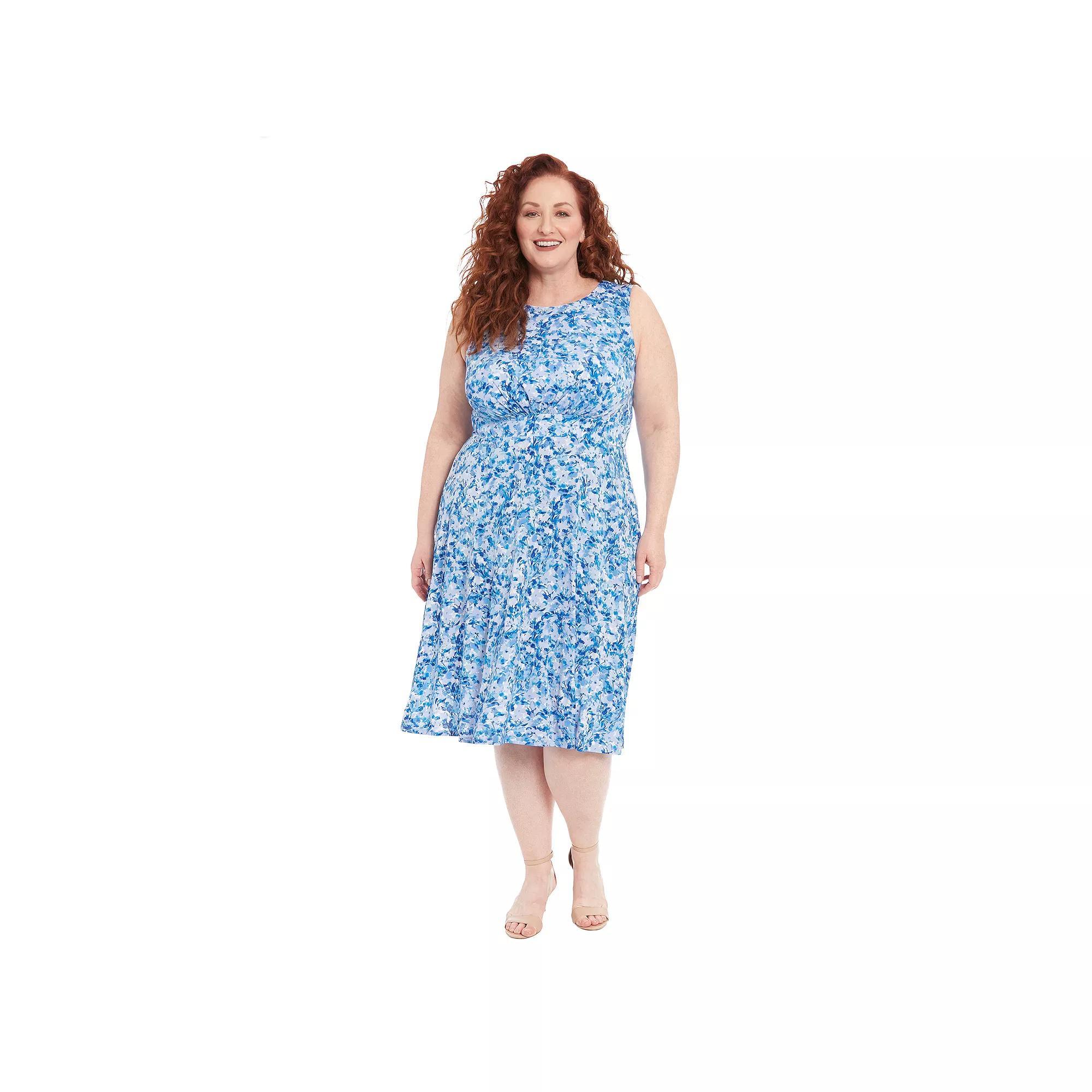 Plus Size London Times Floral Print Elbow Sleeve Inset Waist Midi Dress, Womens Product Image