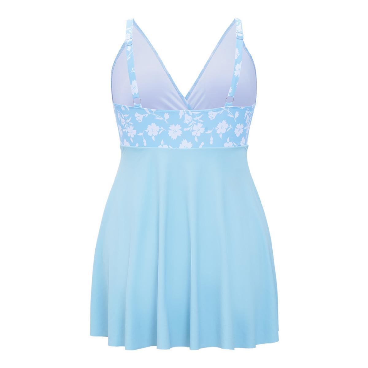 Plus Size Floral Patchwork Ruffle Trim Knot Front Swim Dress Women's Swimwear LightBlue Vacation Bodycon V-neck High stretch Curve Swim Dresses BloomChic 28/5X Product Image