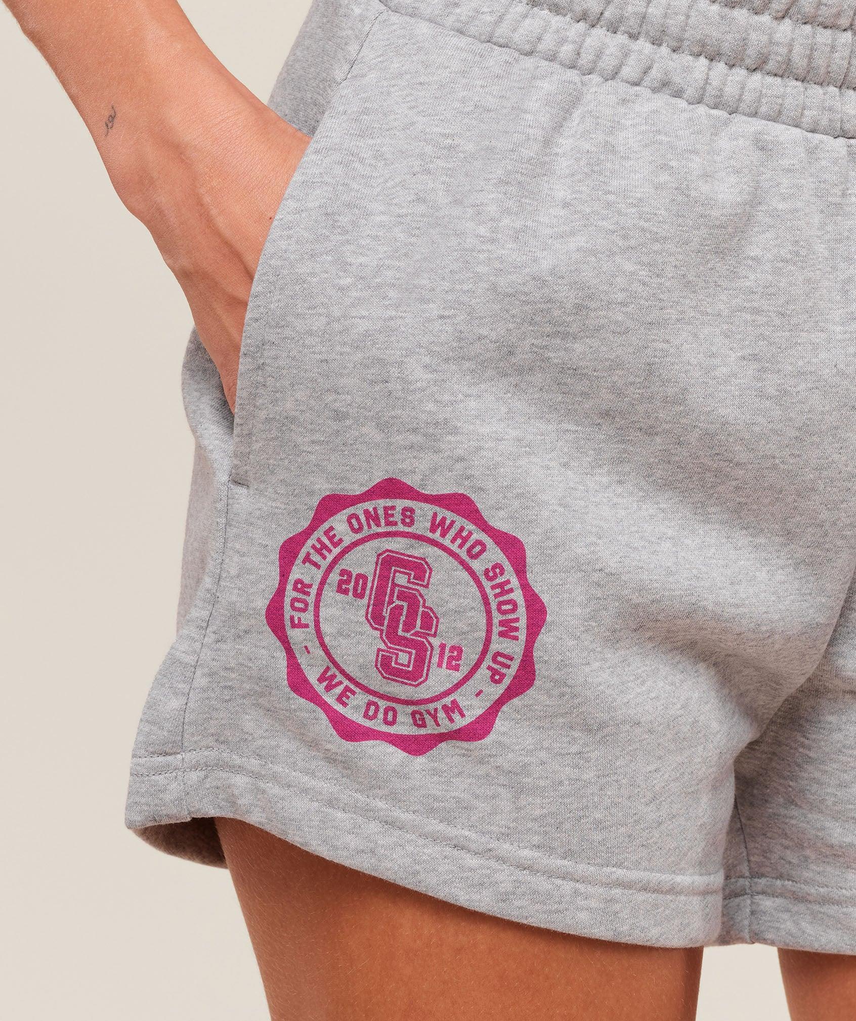 Gymshark Collegiate Graphic Fleece Shorts - Light Grey Core Marl Female Product Image