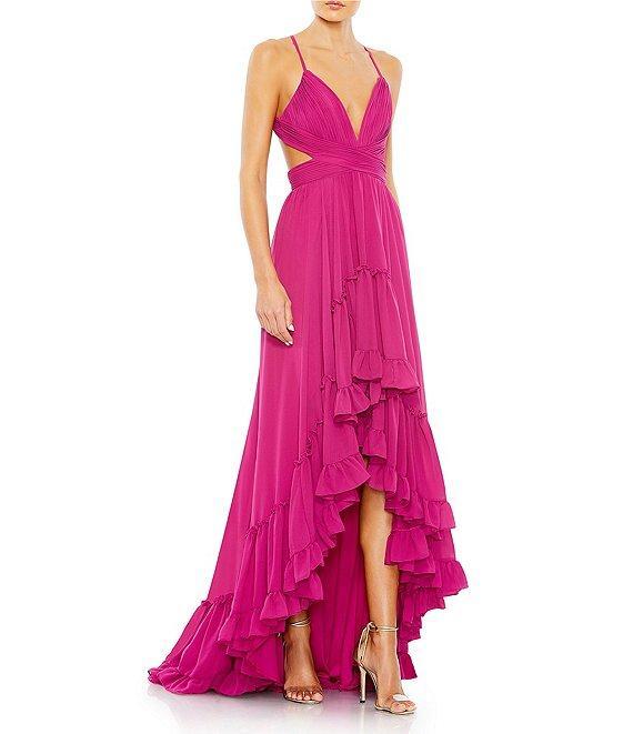 Mac Duggal Deep V-Neck Open Back Ruffle Front Chiffon Sheath Hi-Lo Gown Product Image