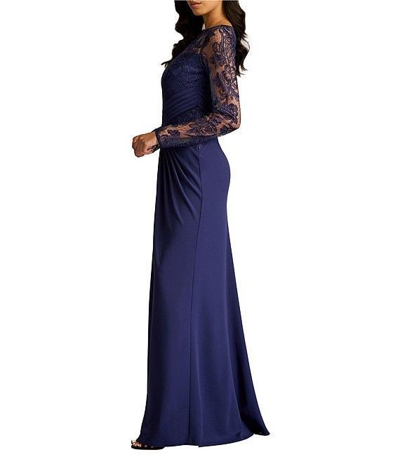 Tadashi Shoji Illusion Lace Long Sleeve Twist Front Crepe Aline Gown Product Image