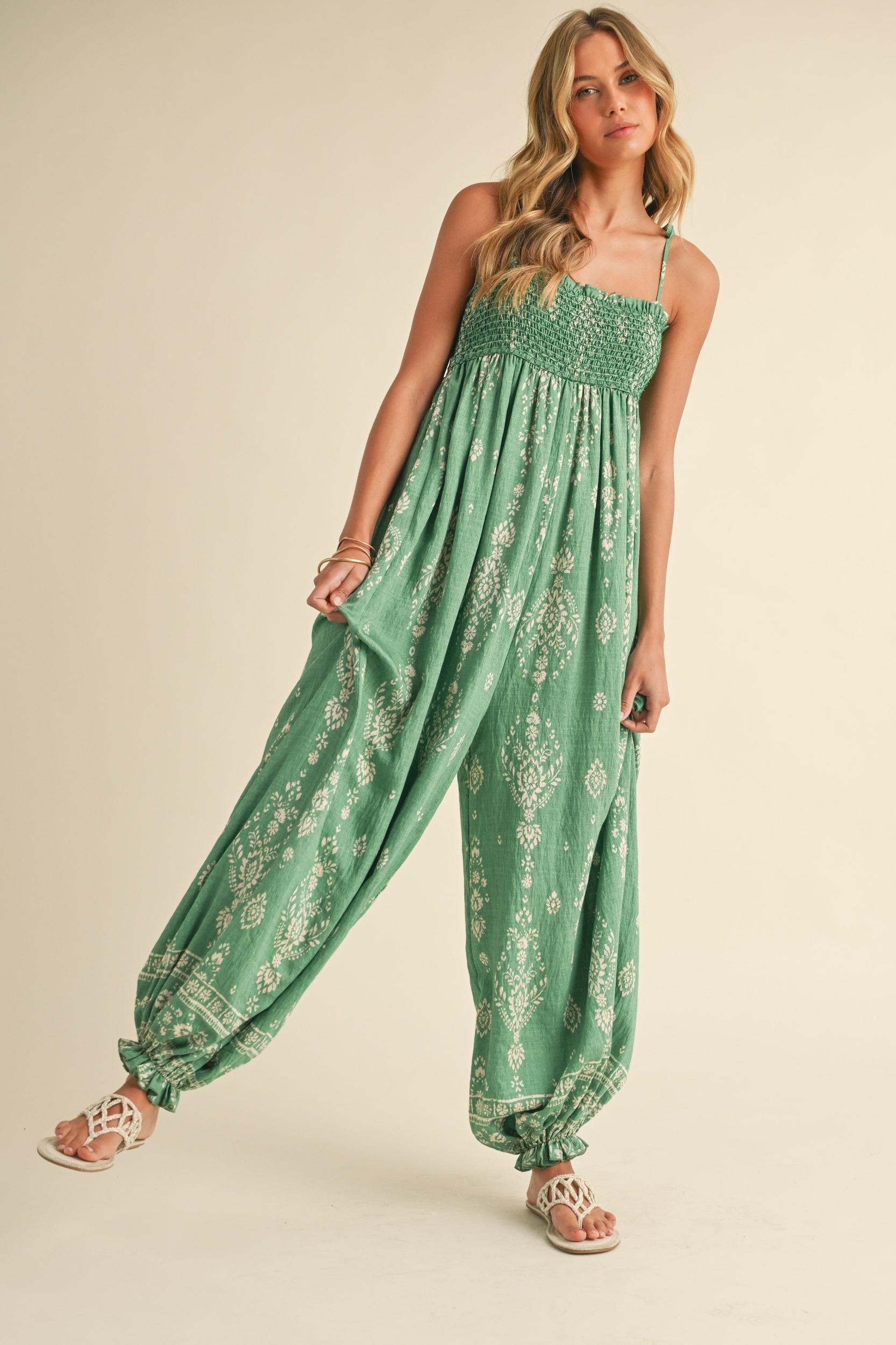Smocked Strap Tie Wide Leg Boho Jumpsuit Product Image