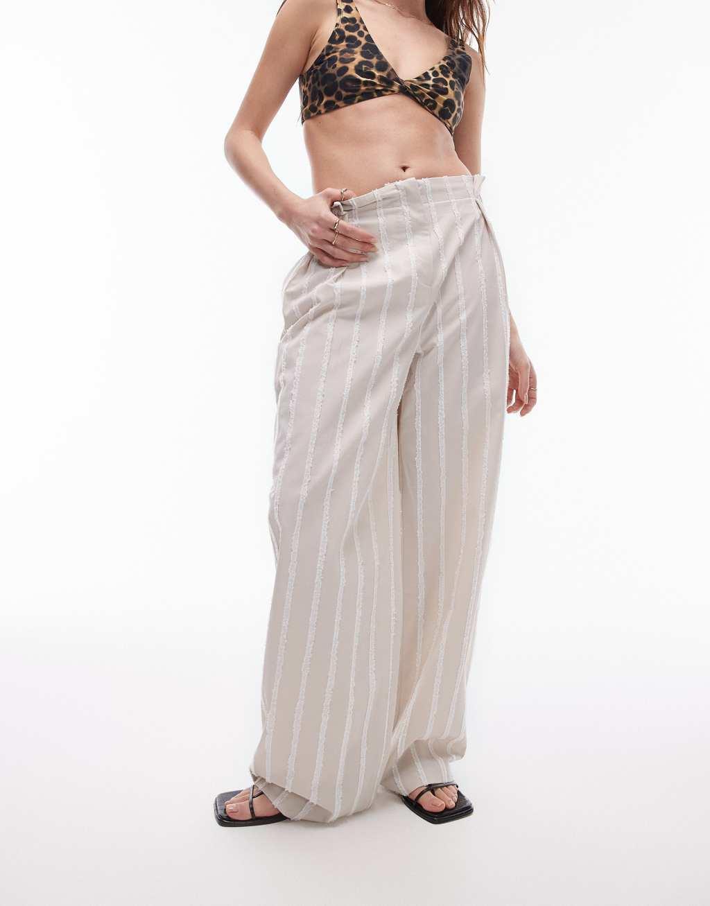 Topshop textured stripe detail wide leg pants in neutral - part of a set Product Image