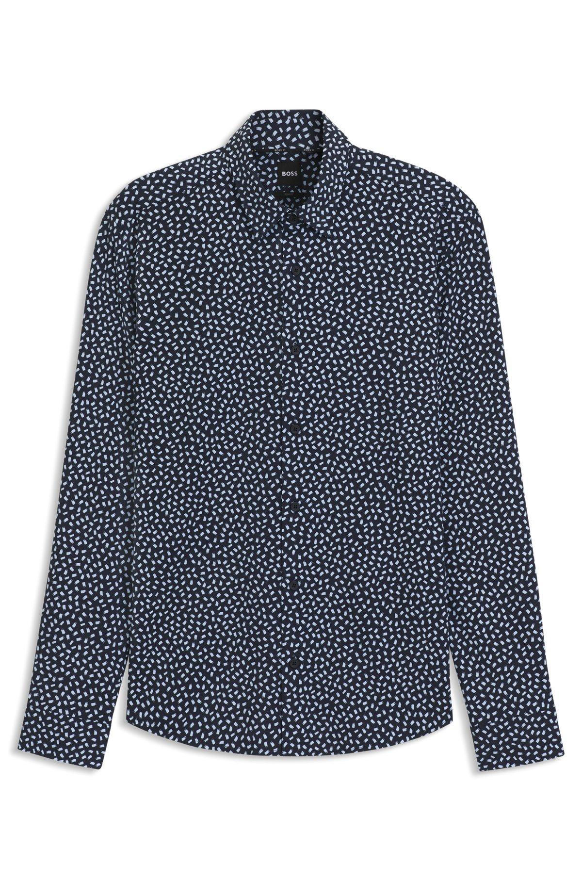 BOSS - Slim-fit shirt in printed performance-stretch Italian fabric - Dark Blue Product Image