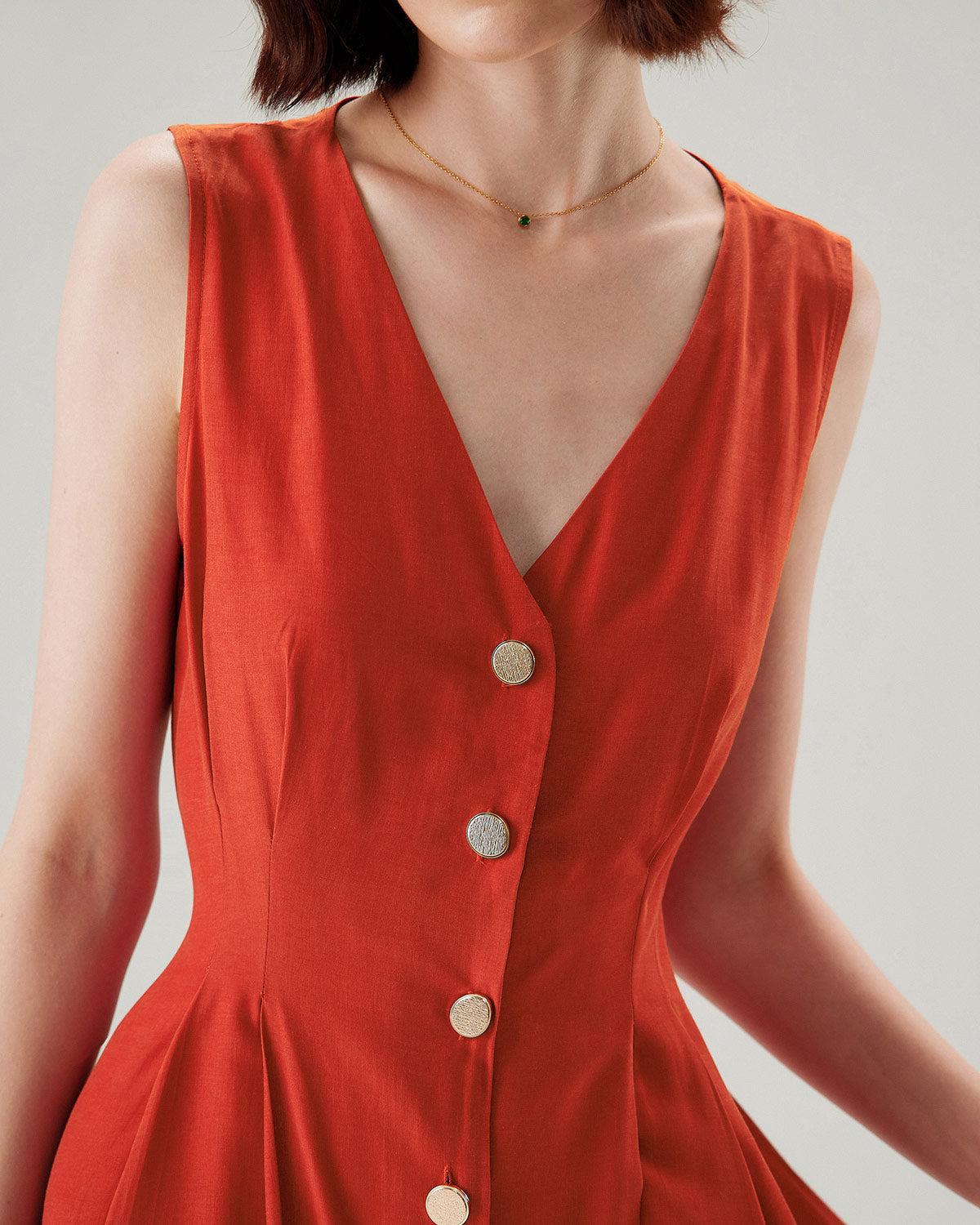 Red V-neck Button Sleeveless Midi Dress Product Image
