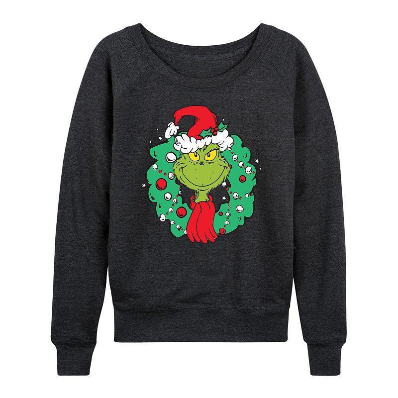 Women's Dr. Seuss The Grinch Wreath French Terry Long Sleeve Tee, Girl's, Size: Large, Heather Grey Product Image