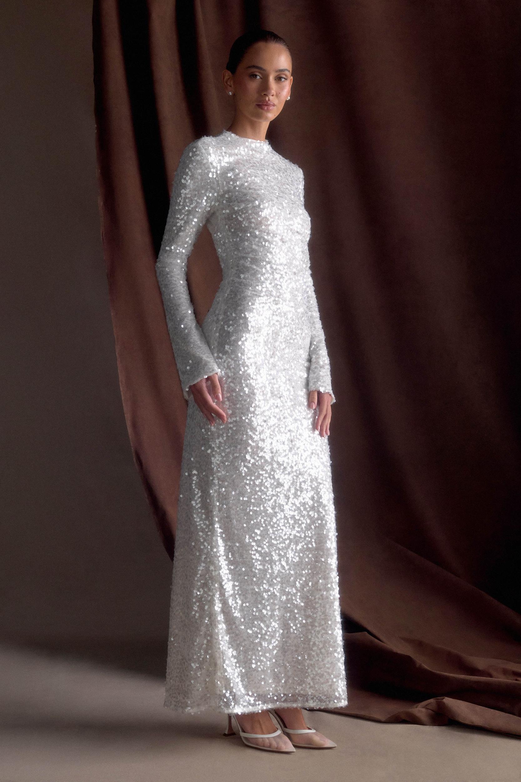 Sofia Long Sleeve Sequin Maxi Dress - White Product Image