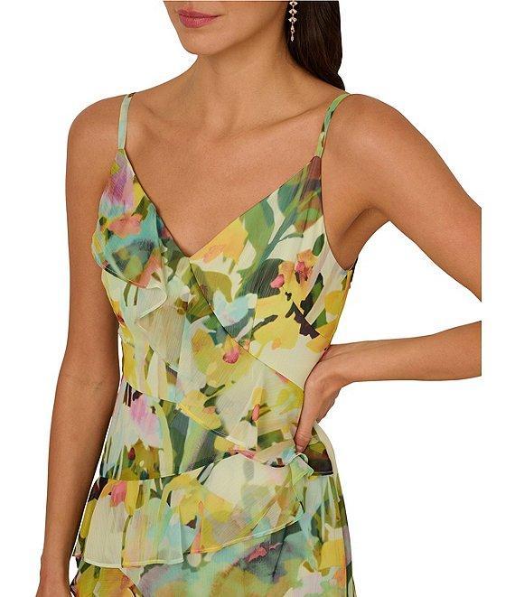 Adrianna Papell Chiffon Floral Print Ruffle V-Neck Sleeveless Ruffle Fit and Flare Gown Product Image