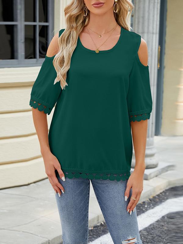 Loose Short Sleeves Solid Color Split-Joint Tasseled Cold Shoulder T-Shirts Tops Product Image