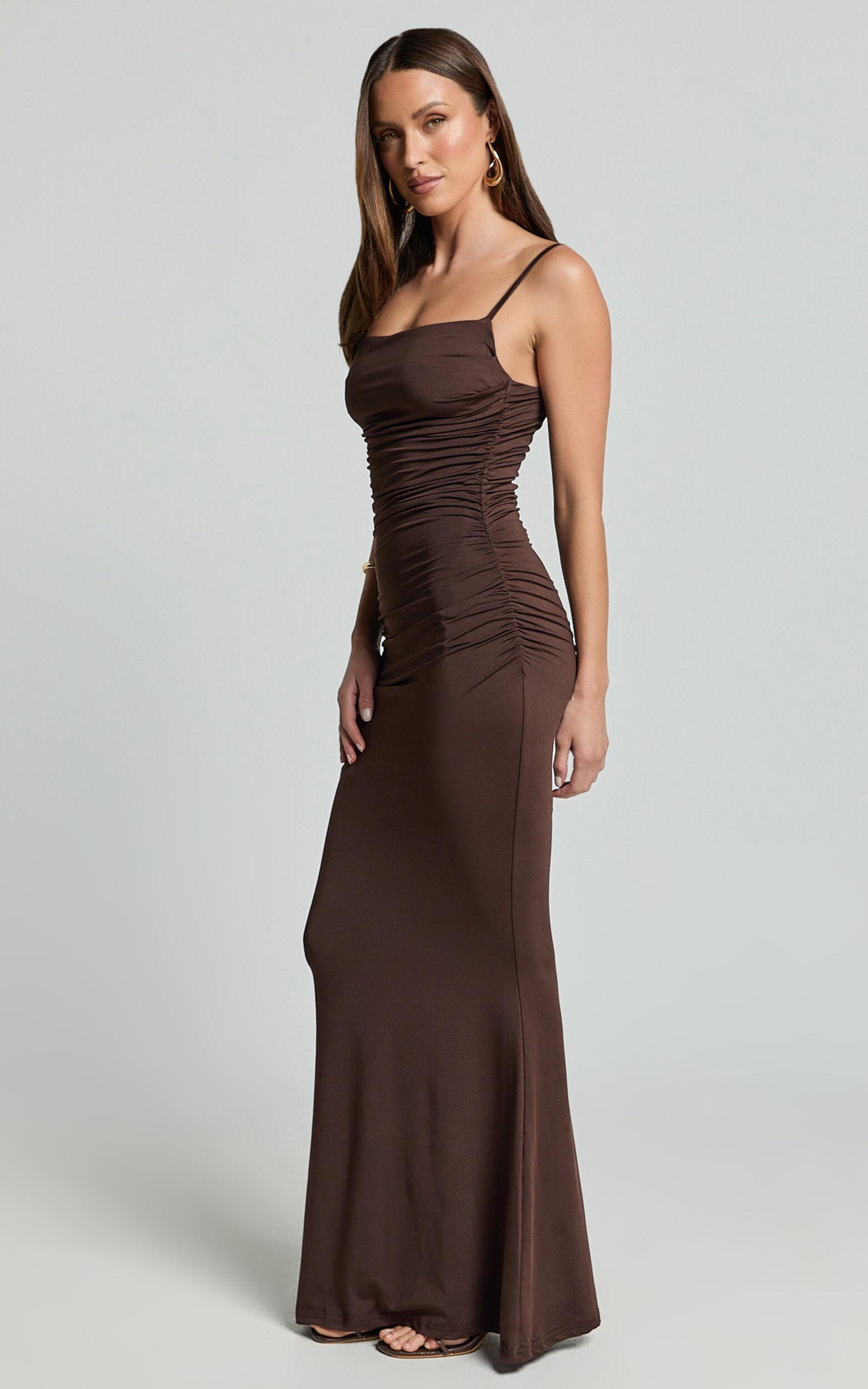 Imogen Maxi Dress - Strappy Ruched Slip Dress in Chocolate Product Image