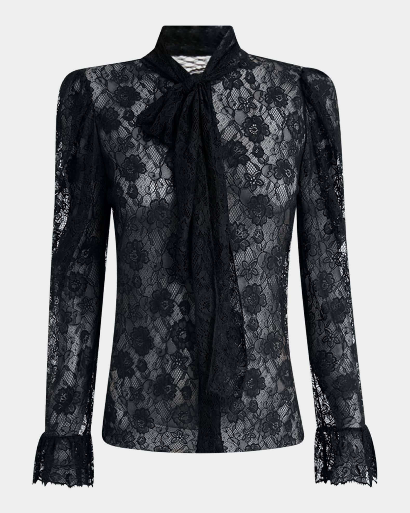 Tie-Neck Lace Button-Down Blouse Product Image