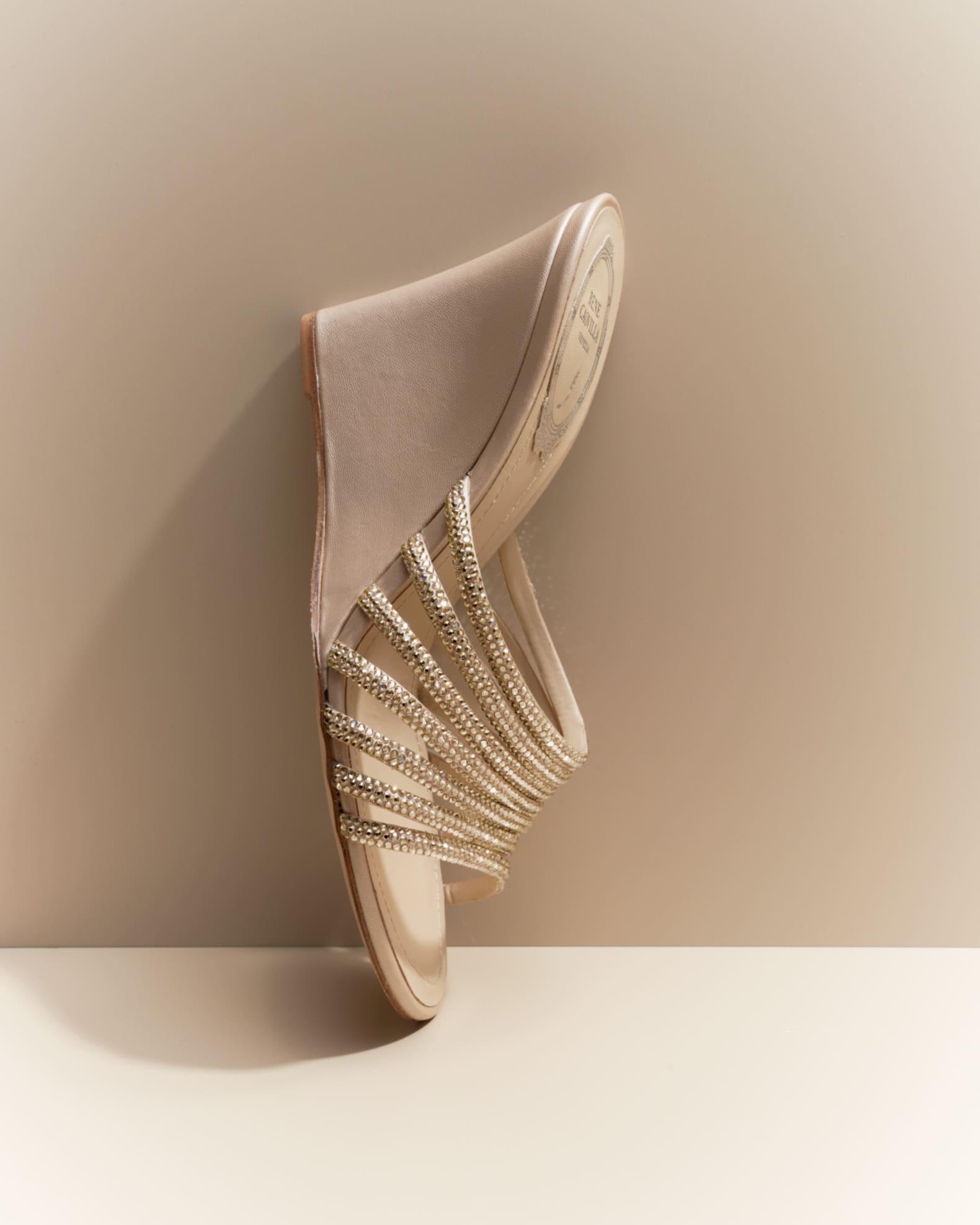 Satin Crystal-Embellished Strappy Wedge Slides Product Image