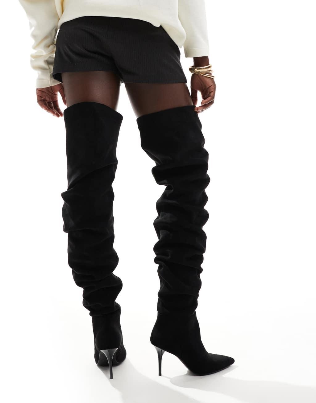 ASOS DESIGN Knock ruched heeled over the knee boots in black Product Image