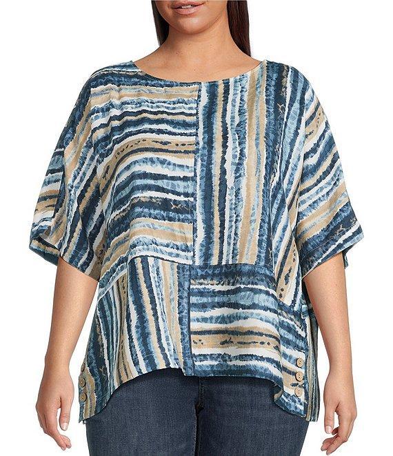 Ali Miles Plus Size Woven Linen Blend Abstract Stripe Round Neck Elbow Sleeve Sharkbite Hem Tunic Product Image