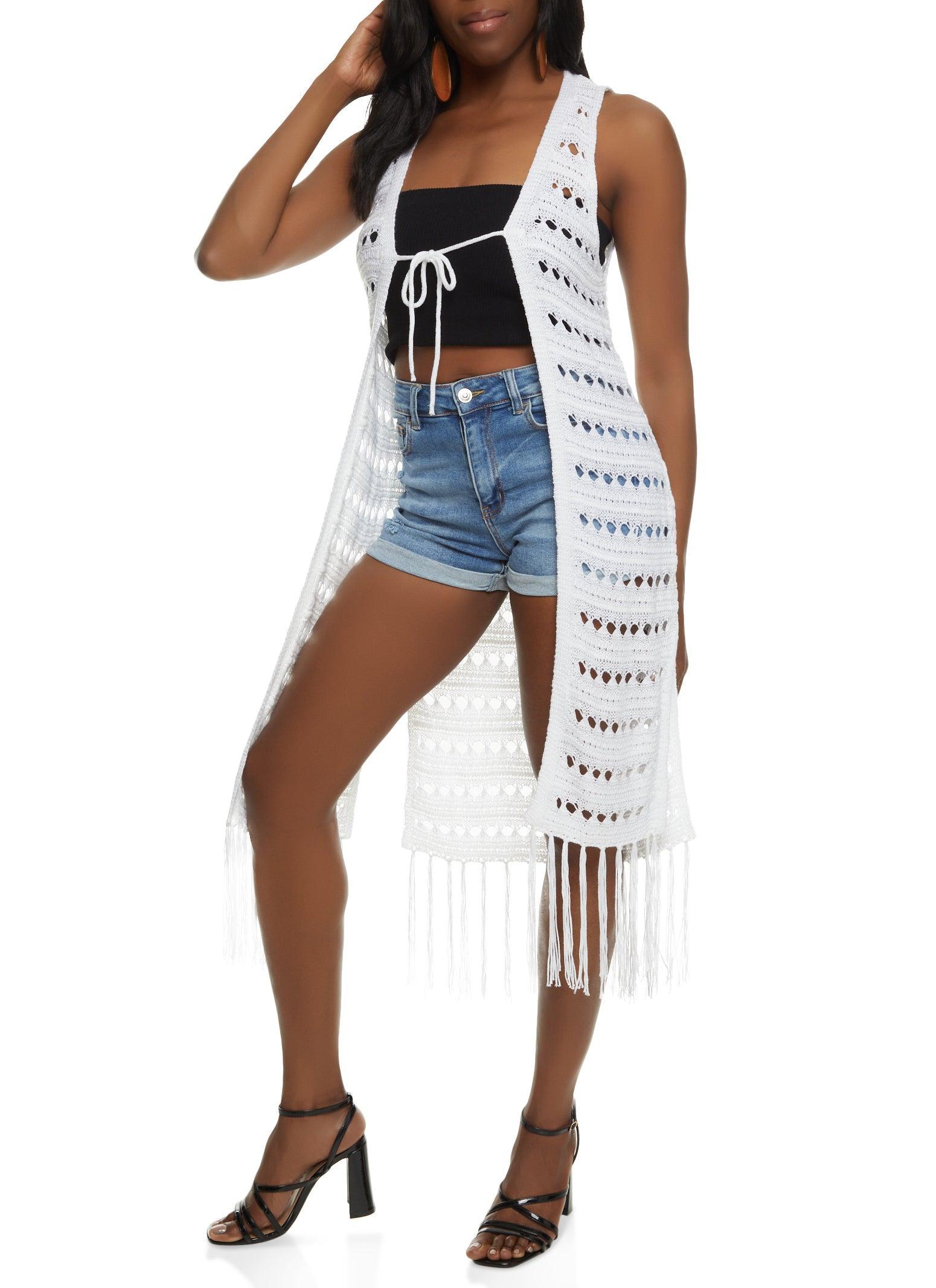 Womens Crochet Tie Front Fringe Hem Sleeveless Duster Product Image