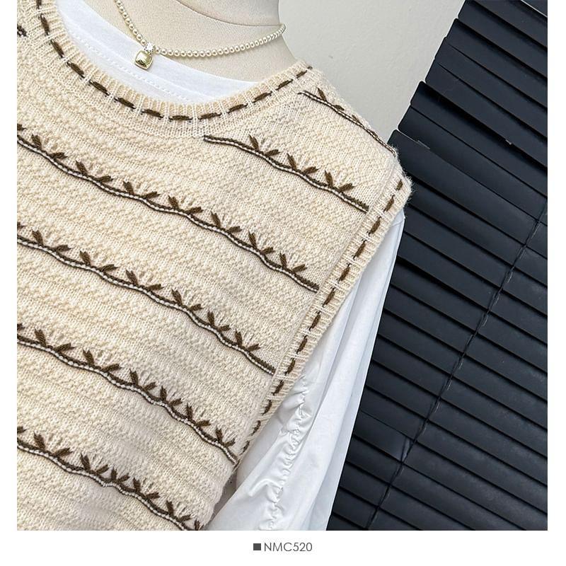 Set: Oversized Striped Knit Vest + Details Loose Blouse Product Image