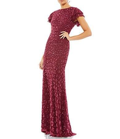 Mac Duggal Beaded Short Flutter Sleeve Crew Neck Sheath Gown Product Image