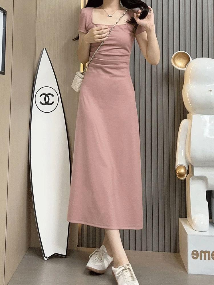 Short-Sleeve Square Neck Plain Ruched Midi A-Line Dress Product Image