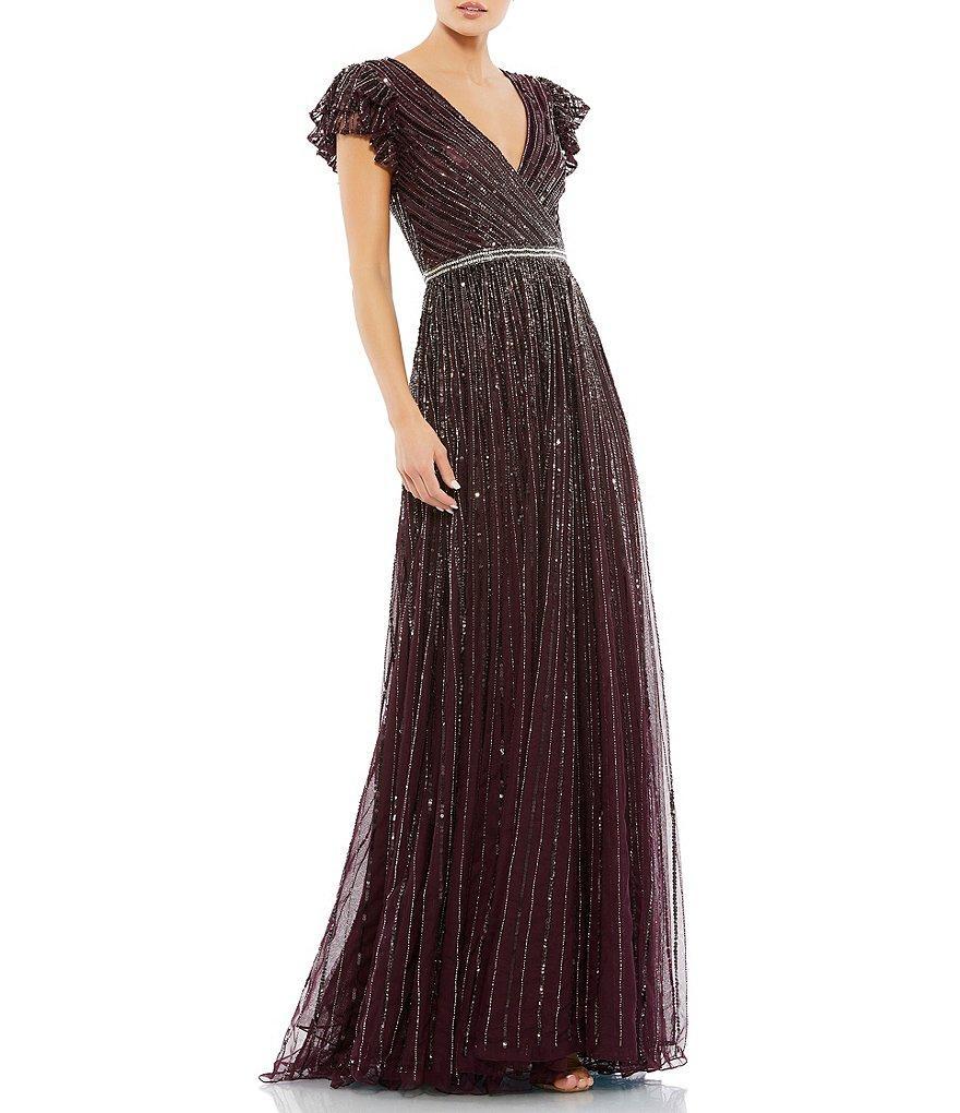 Mac Duggal Sequin Wrap Over Surplice V-Neck Ruffle Cap Sleeve Gown Product Image