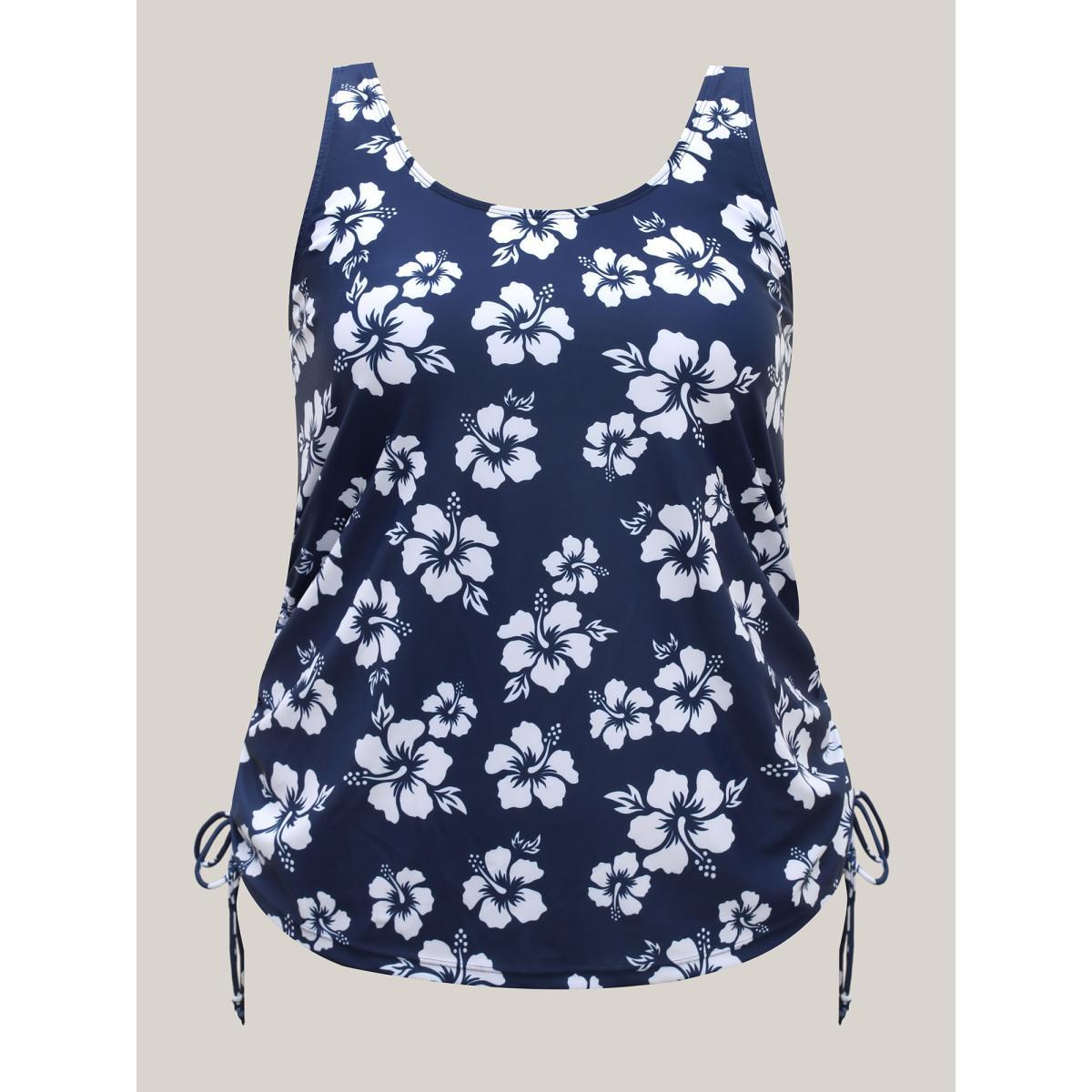 Plus Size Floral Print Adjustable Drawstring Swim Top Women's Swimwear Indigo Resort Drawstring High stretch Bodycon U-neck Curve Swim Tops BloomChic 30/6X Product Image