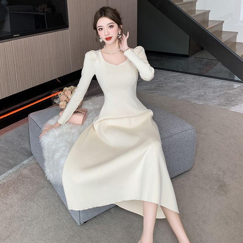 Long-Sleeve Plain Midi A-Line Knit Dress Product Image