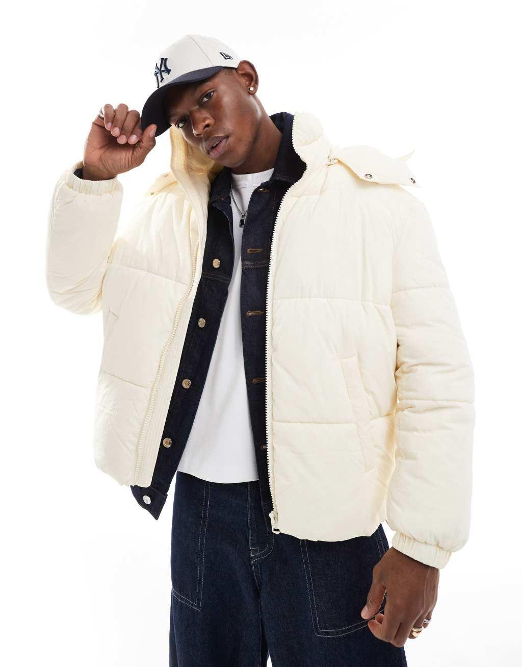 ONLY & SONS quilted puffer jacket with wide hood in off white Product Image