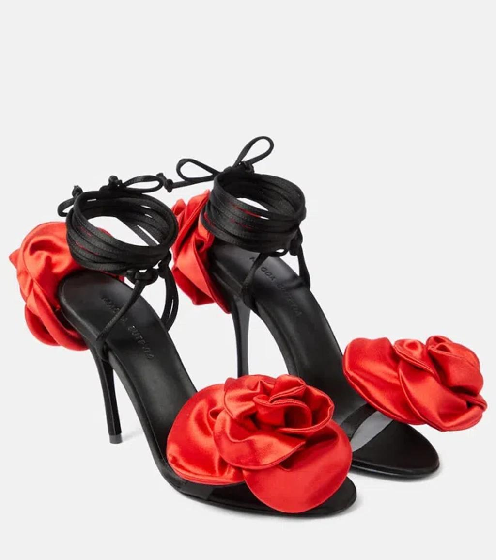 MAGDA BUTRYM Floral-appliqué Satin Slingback Sandals In Black Product Image