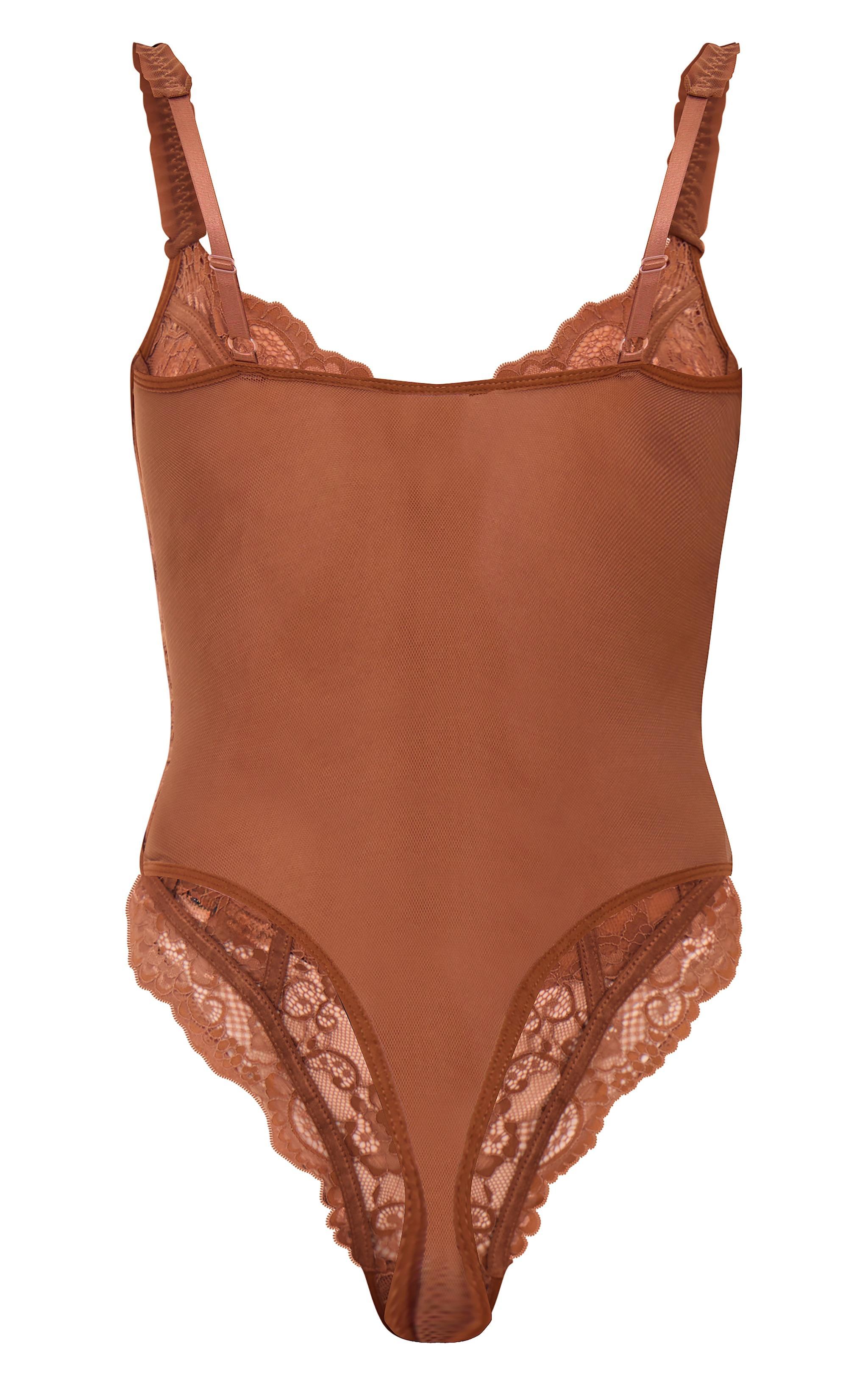 Chocolate Mesh Frill Detail Panelling Lace Bodysuit Product Image