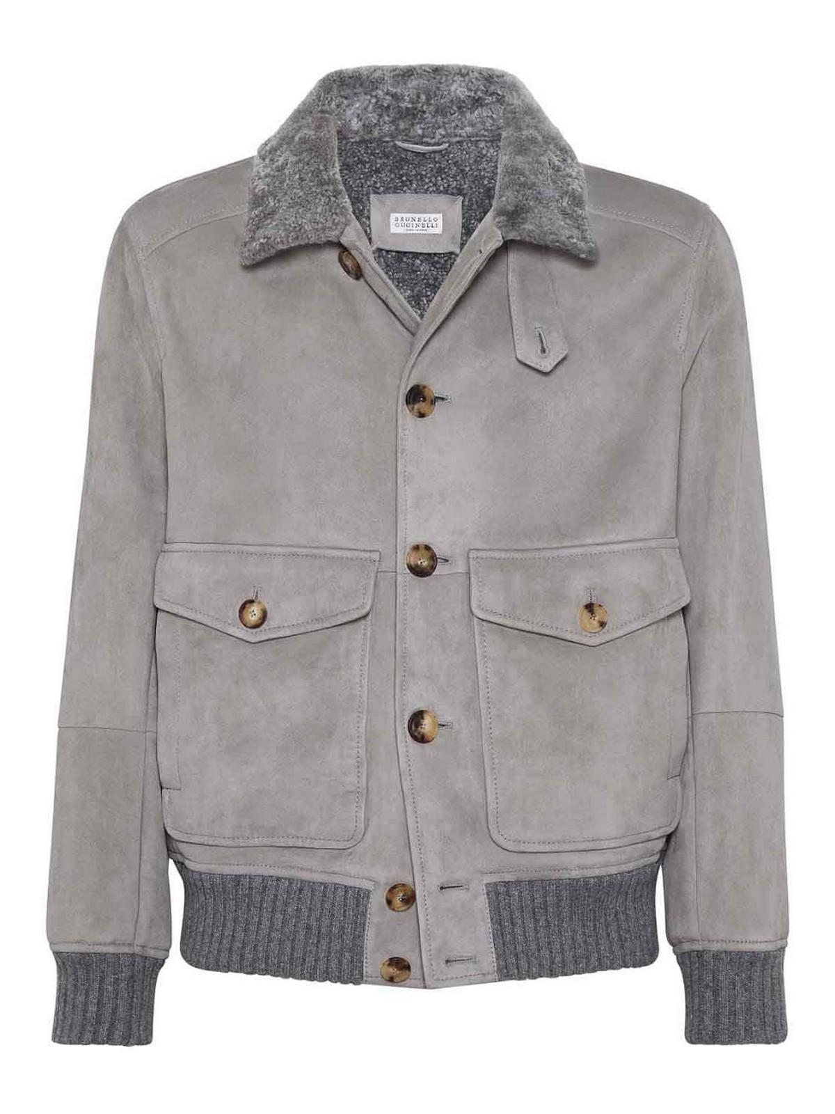 BRUNELLO CUCINELLI Shearling-collar Suede Jacket In Grey Product Image