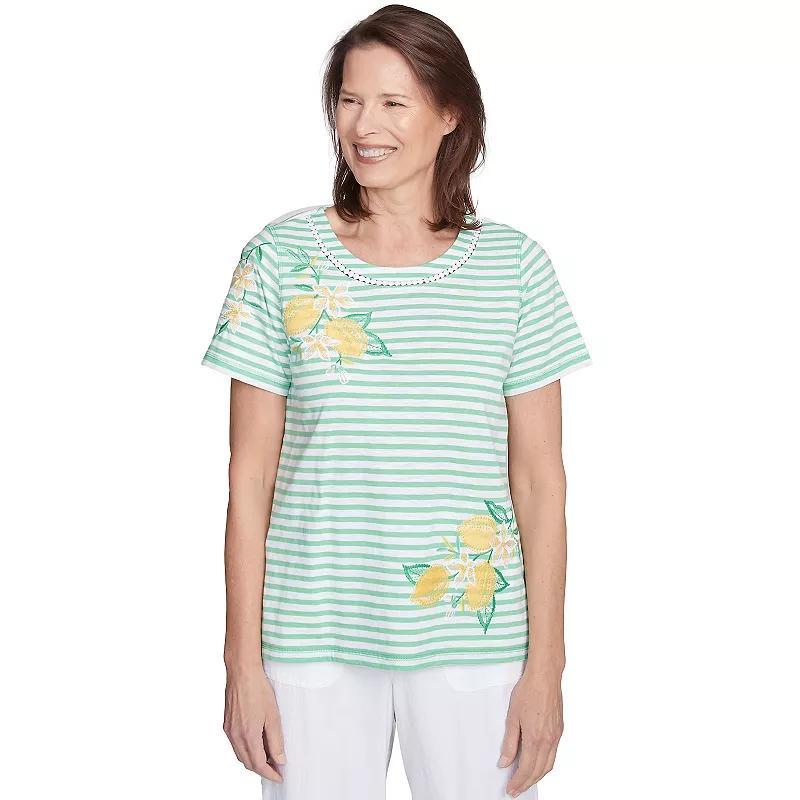Petite Alfred Dunner Lemon Printed Striped Tee, Womens Green Product Image