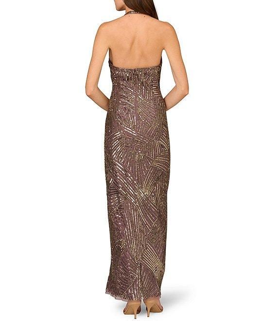 Aidan Mattox Beaded Mesh Halter Neck Sleeveless Front Slit Column Dress Product Image