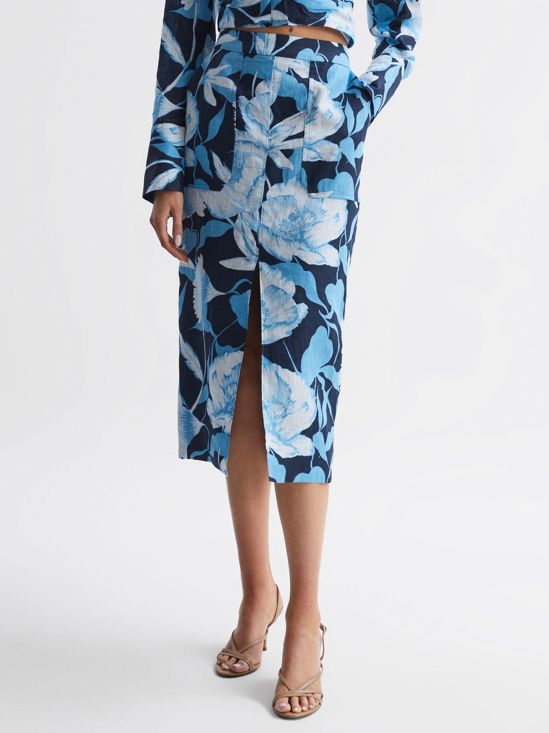 Floral Print High Rise Midi Skirt in Navy/Blue Product Image