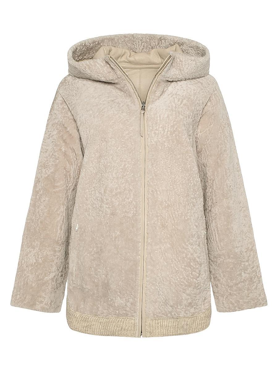 Womens Reversible Textured Shearling Lamb Zip Parka with Ribbed Hem Product Image