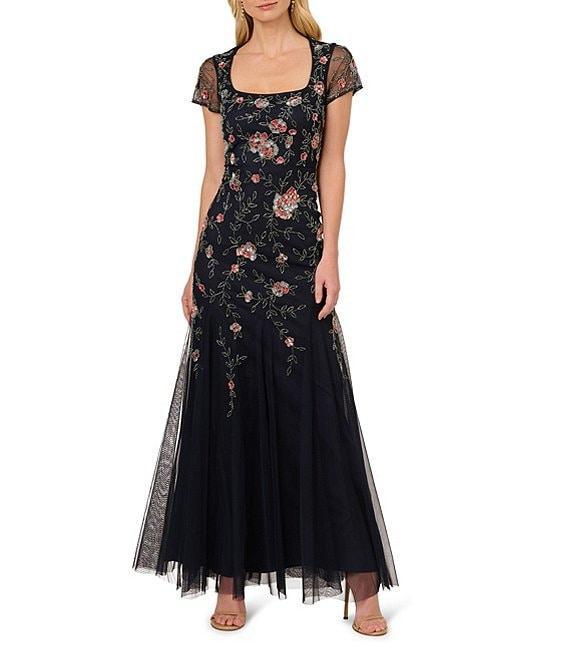 Adrianna Papell Beaded Mesh Floral Print Square Neck Short Sleeve A-Line Gown Product Image