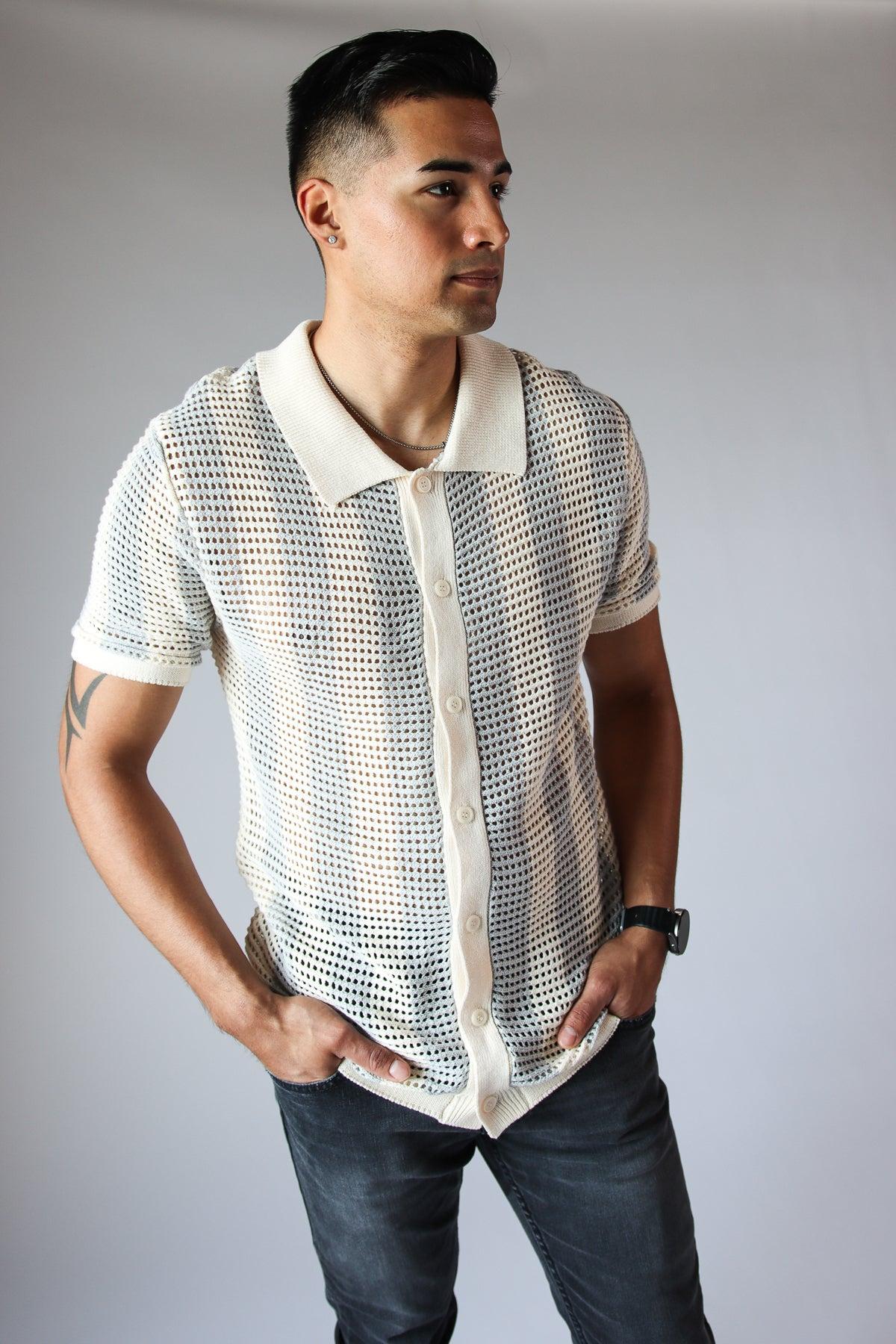 Striped Knit Mesh Button Up Shirt Product Image