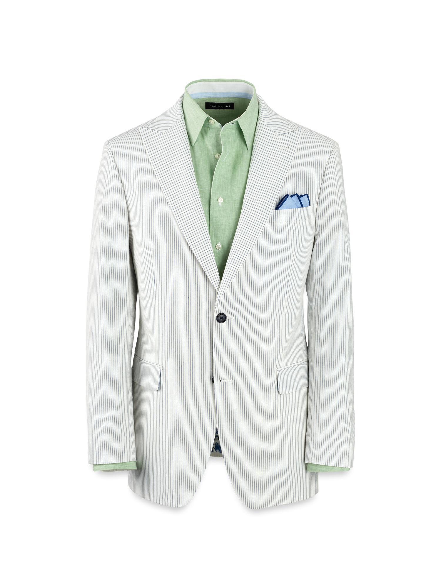 Cotton Stretch Stripe Seersucker Single Breasted Peak Lapel Suit Jacket - White/blue Product Image