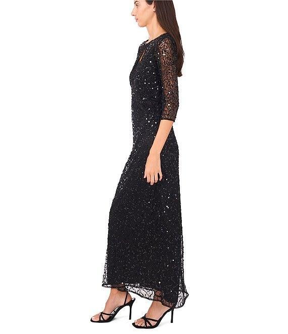 Pisarro Nights Beaded Mesh V-Neck 3/4 Sleeves A-Line 2-Piece Jacket Dress Product Image