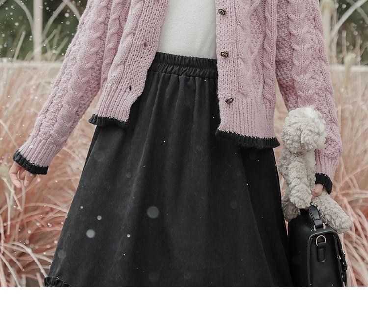 Round Neck Contrast Trim Cable Knit Cardigan Product Image