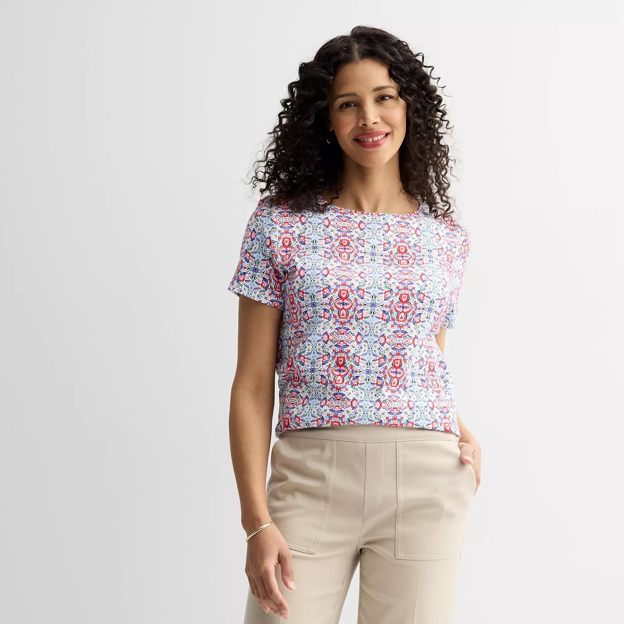 Petite Croft & Barrow® Essential Crewneck Tee, Women's, Size: XS Petite, Red Ornate Tile Product Image