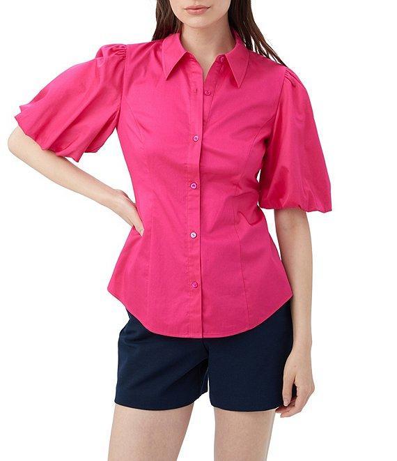 Trina Turk Kari Sateen Point Collar Short Puff Sleeve Button Down Top Product Image
