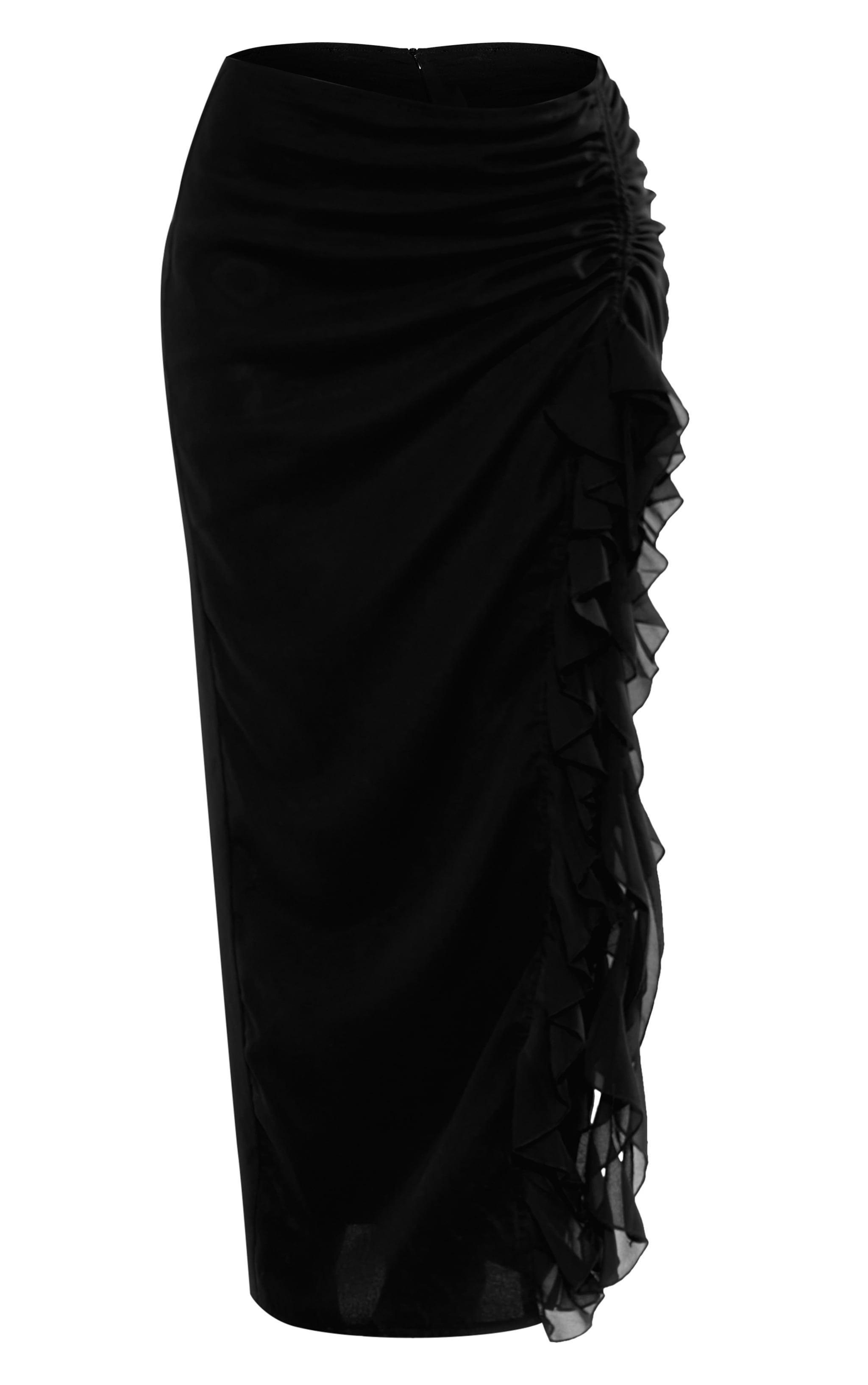 Black Chiffon Ruffle Ruched Maxi Skirt Product Image