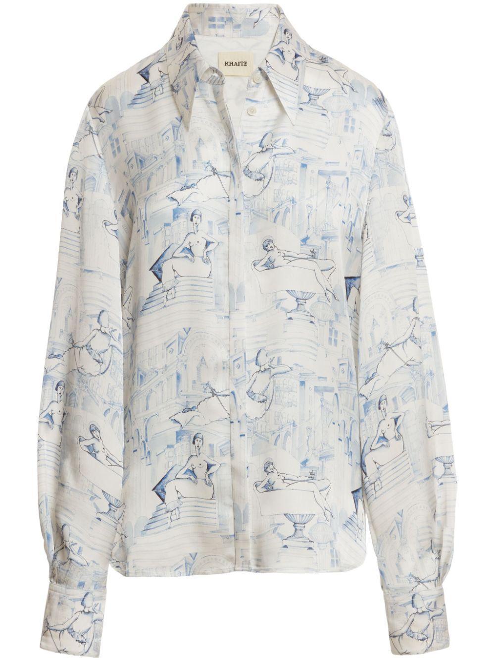 KHAITE Minta Toile-print Collared Top In Cream Blue Product Image