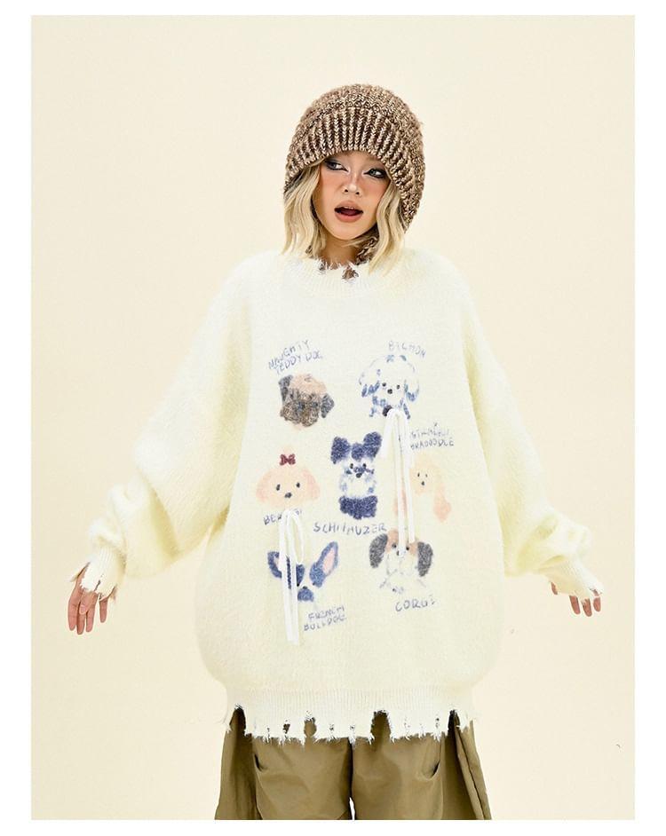 Drop Shoulder Round Neck Dog Print Distressed Oversized Sweater Product Image