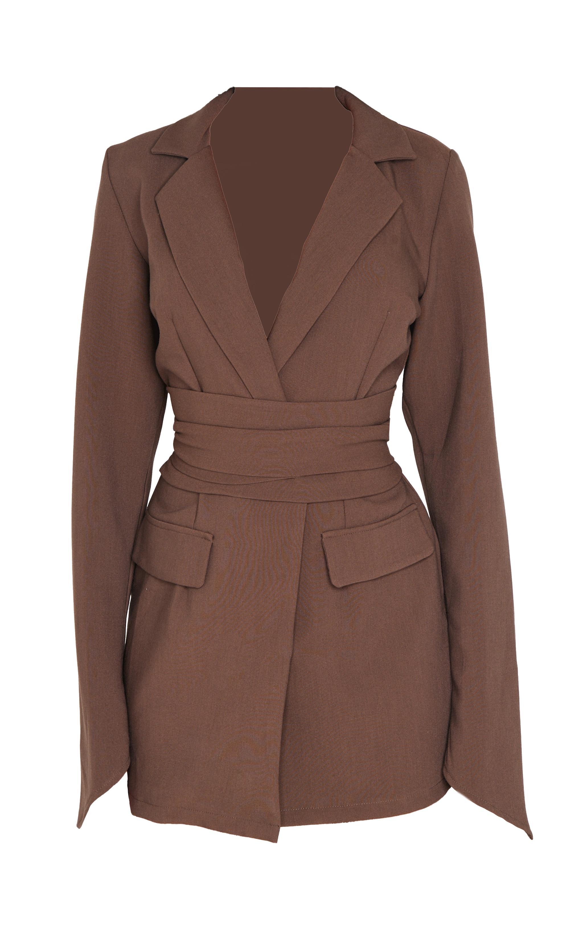 Chocolate Woven Wrap Belted Blazer Dress Product Image