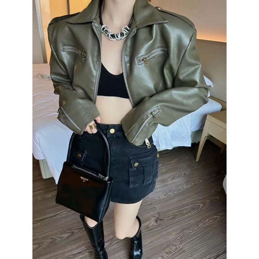 Lapel Collar Plain Faux Leather Cropped Zip Jacket Product Image