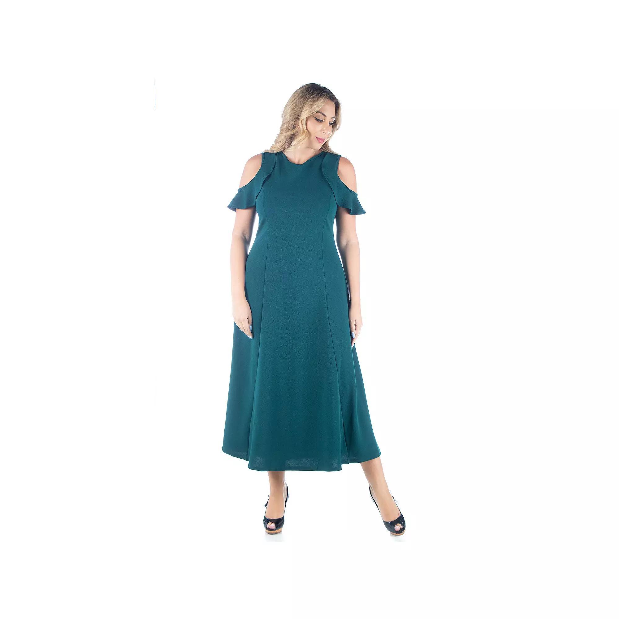 Plus Size 24seven Comfort Apparel Ruffle Cold Shoulder A-Line Maxi Dress, Women's, Size: 3XL, Green Product Image