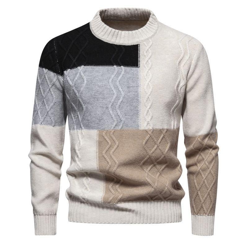 Crew Neck Color Block Cable Knit Sweater Product Image