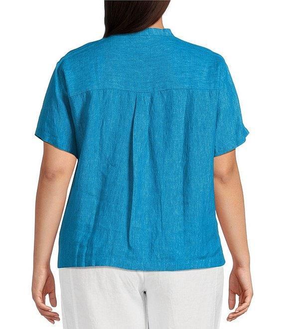 Eileen Fisher Plus Washed Organic Linen Mandarin Collar Short Sleeve Button Front Top Product Image